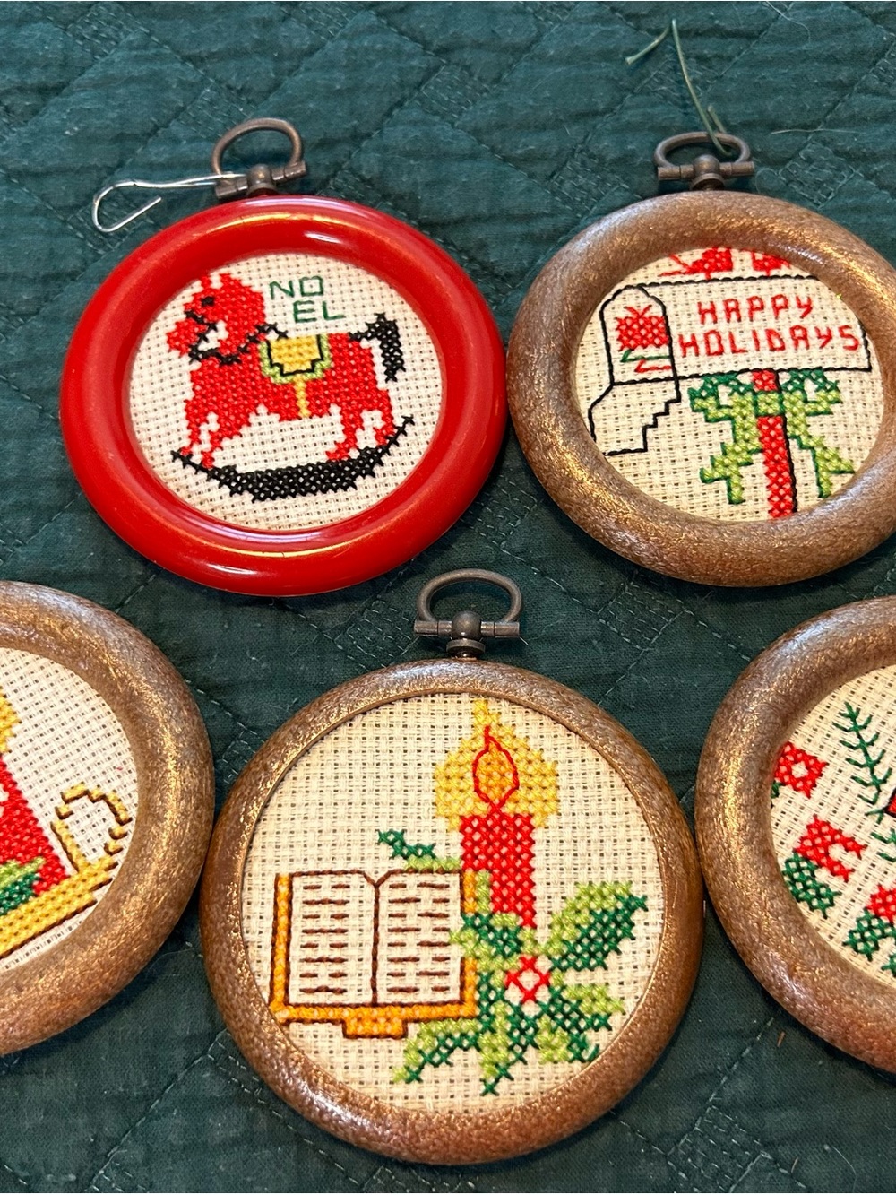 Handmade Holiday Cross-Stitch Ornaments - Red, Green, Gold